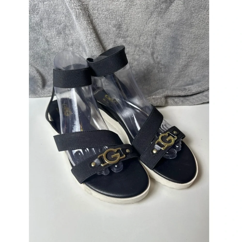 G by Guess GBG Black‎ Elastic Ankle Strap Sandals Wedges Gold Logo Accent 8.5